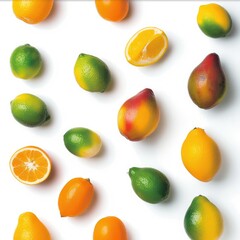 Colorful citrus and mango fruits arranged on white background