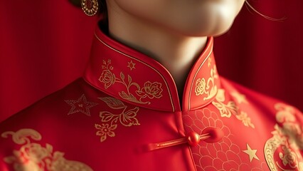 Silk qipao collar embroidered with peony and star patterns, showcasing ceremonial elegance.