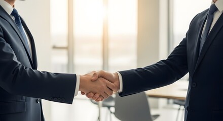 Two professional businessmen confidently shaking hands to seal a deal in a bright, modern office setting, symbolizing partnership and success.