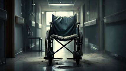 Empty wheelchair in a hospital corridor