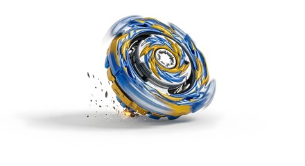 Spinning Blue and Gold Beyblade on White Background