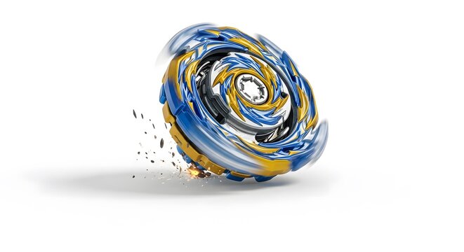 Spinning Blue and Gold Beyblade on White Background