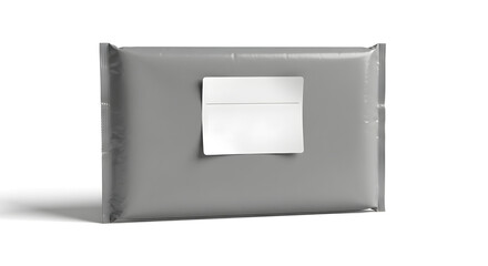 Gray packaging with blank white label set against a white background for product branding and presentation purposes