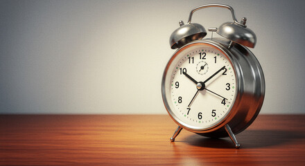 Vintage alarm clock with metallic finish on wooden table. Metal clock standing on desk  