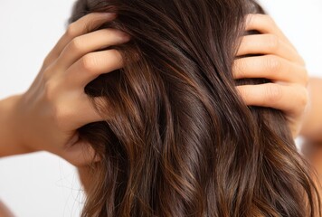 Fototapeta premium Close-up shot of a person's hands gently touching and caressing their long, flowing hair, showcasing the texture and color of the strands against a blurred background.