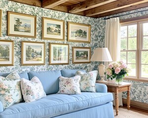 Blue and White Floral Living Room with Sofa, Framed Pictures, gallery wall, home decor