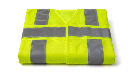 Folded neon yellow high visibility safety vest with reflective gray stripes laid on a white surface