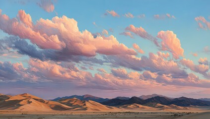 Pastel Pink Clouds Sunset Over Desert Landscape