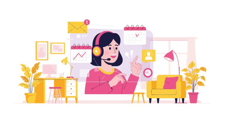 Charming woman with headset in vibrant virtual office for remote consultation