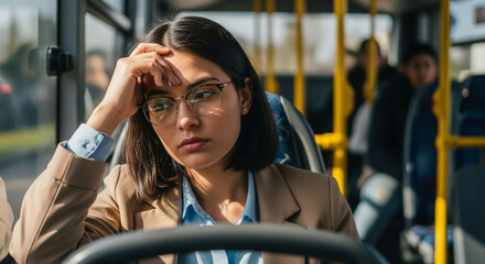 Obraz premium A stressed and tired businesswoman with glasses is riding the bus after a long day at work, showing the challenges of urban commuting
