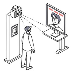 Person undergoing facial recognition scan by camera and displayed on computer screen for identification and security purposes