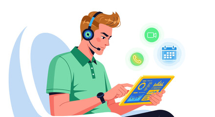 Customer service agent monitoring digital interface, offering assistance and consultation