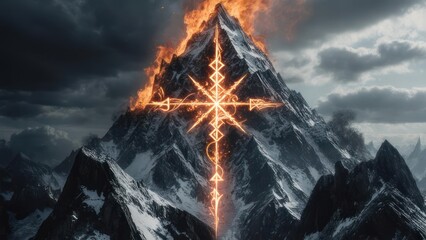 Fiery mountain peak with celestial symbols