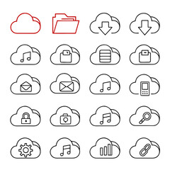 Collection of cloud computing icons representing various digital services and data management functions with a clean outline design