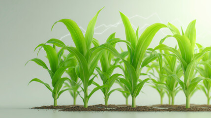 Green corn seedlings growing in a row, with a simulated chart overlay indicating growth data on a light background.