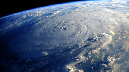 Dramatic hurricane formation viewed from space, showcasing swirling clouds over the ocean.