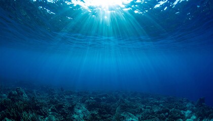 Fototapeta premium A serene underwater scene illuminated by sunlight, showcasing the tranquil beauty of the ocean's depths with coral formations visible below.