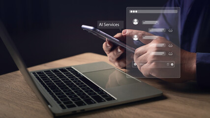 AI chatbot search concept showing a person using smartphone and laptop, with virtual assistant icons, question marks, and rating stars for smart query, customer support.