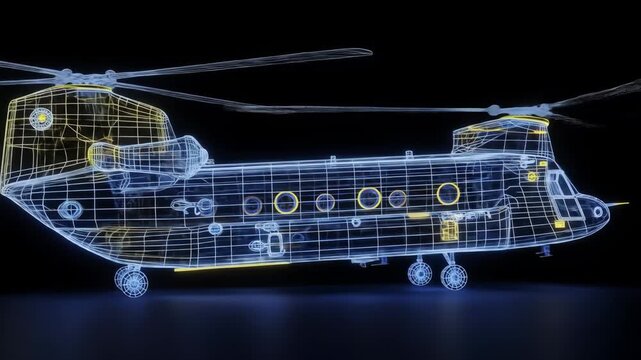 Wireframe Chinook Helicopter - Futuristic Design - A digital video of a Boeing CH-47 Chinook helicopter shown as a glowing wireframe model against a black background.