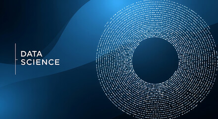 Abstract Data Science concept with digital binary code circle on a futuristic blue technology background.