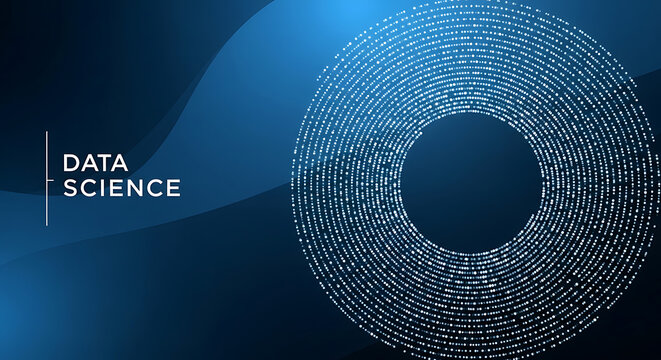 Abstract Data Science concept with digital binary code circle on a futuristic blue technology background.