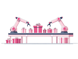 Pink robotic arms on a conveyor belt, wrapping presents