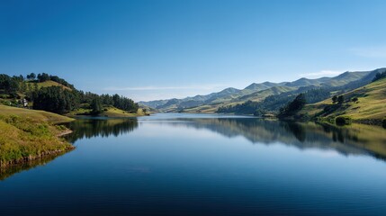 Fototapeta premium Serene blue lake surrounded by green rolling hills and trees under clear sky