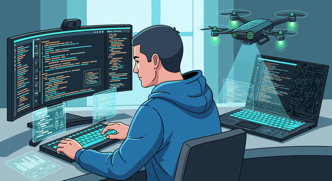 Modern Software Developer Working on Code with Hovering Drone Technology