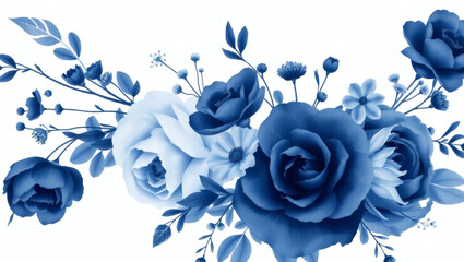 Artistic watercolor illustration of a blue floral composition. Elegant bouquet of roses and garden flowers for decorative design.