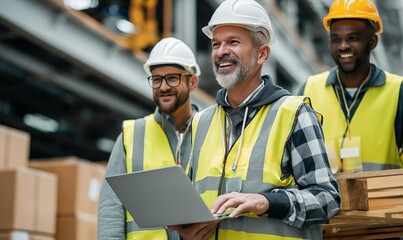 Three smiling workers in safety vests and helmets collaborate happily in a warehouse while using a laptop