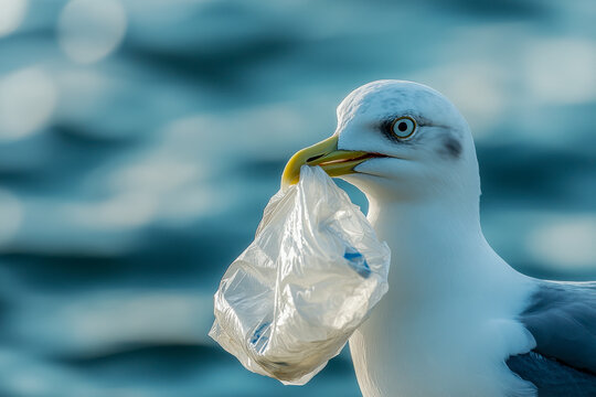 A seagull is seen picking up a plastic bag at the beach, highlighting the impact of pollution on marine wildlife during daylight