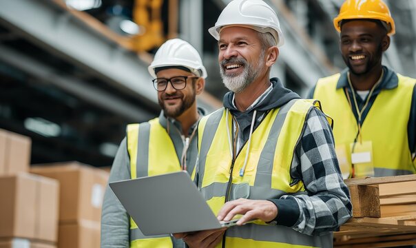 Three smiling workers in safety vests and helmets collaborate happily in a warehouse while using a laptop