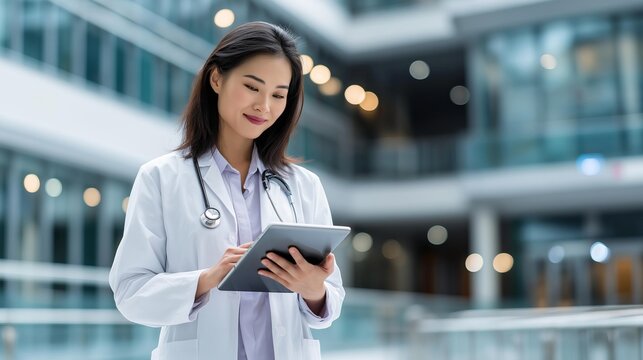 A medical professional reviews patient information on a tablet in a modern healthcare setting while smiling and focused