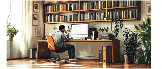 A young man works at home on a computer and communicates on the phone in a cozy office full of books and plants.