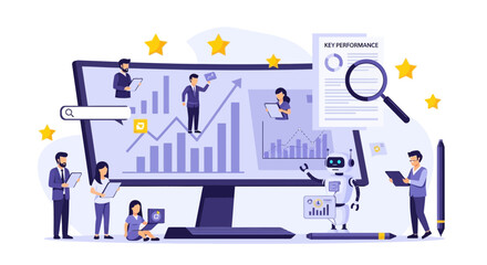 Teamwork and artificial intelligence analyzing key performance indicators chart