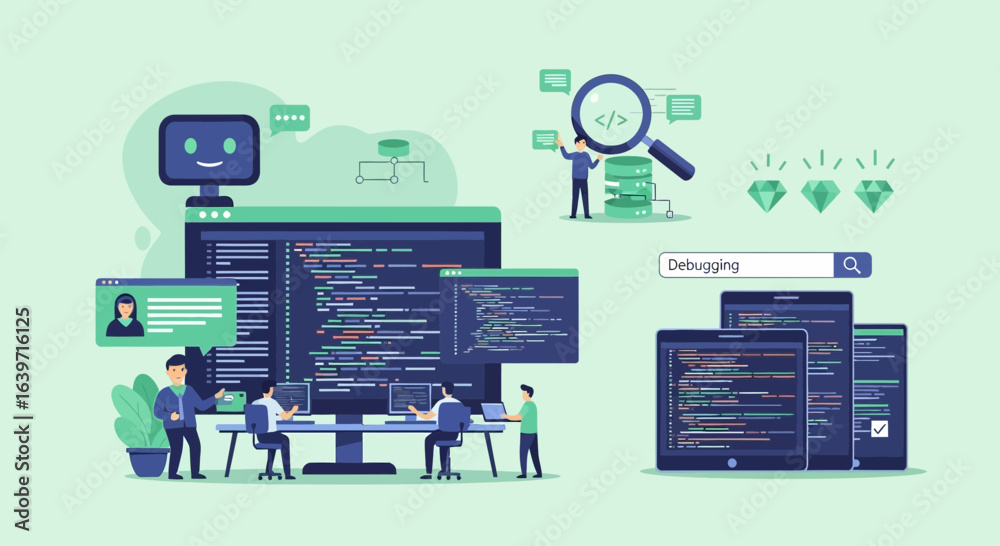 Wall mural software engineering team debugging code on multiple platforms illustration