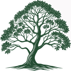 Stylized dark green silhouette of a majestic tree with lush foliage and exposed roots on a white background