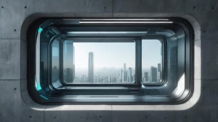 Futuristic Capsule Window in a Brutalist Concrete Wall Overlooking a Hazy Metropolis