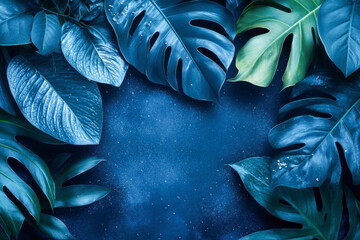 A collection of fresh tropical leaves arranged artistically against a deep blue background, evoking a tranquil and natural atmosphere