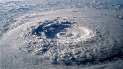 Dramatic hurricane formation viewed from space, showcasing swirling clouds over the ocean.