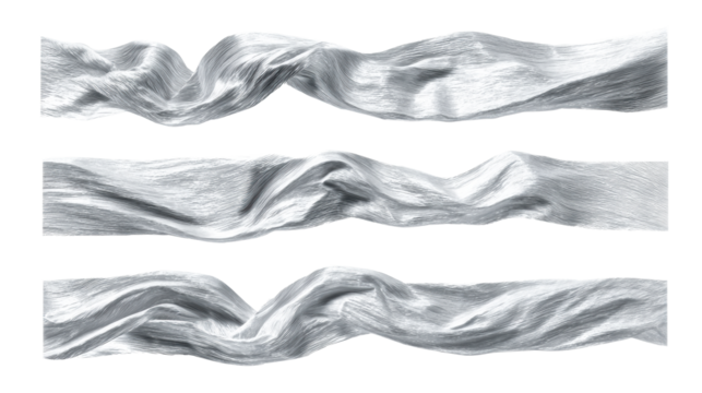 Three wavy silver fabric ribbons with textured folds on white