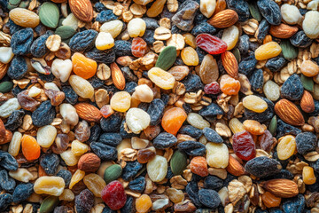 Colorful blend of various nuts, seeds, and dried fruits arranged artfully, showcasing a healthy snack option rich in nutrients