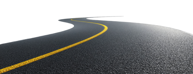 Winding road on a dark background.  A dark gray asphalt road curves away into the distance. A bright yellow line marks the center of the road. The road's edge is outlined with a dotted white line