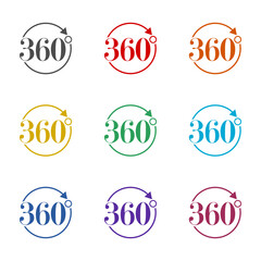 360 degree view icon isolated on white background. Set icons colorful