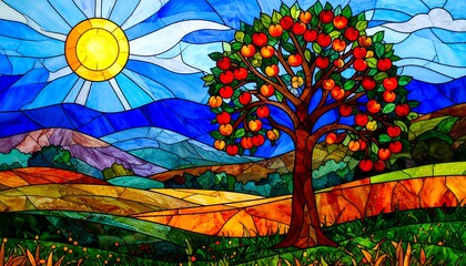 Vibrant Stained Glass Landscape with Fruitful Tree