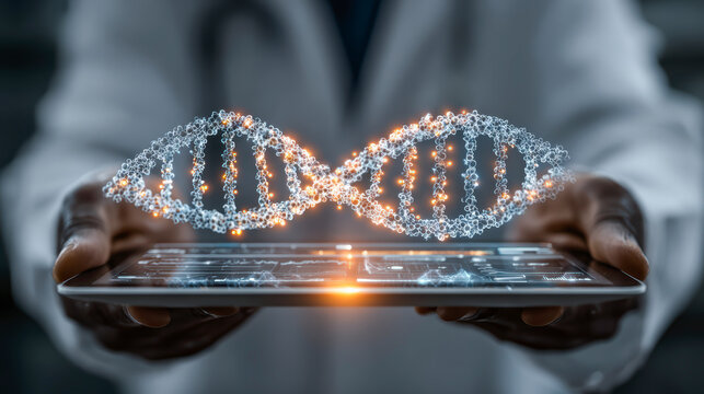 Scientist in a lab coat presenting a digitally generated 3D DNA helix floating above a futuristic tablet device.