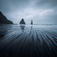 Black Sand Beach Patterns with Tide Line Creating Organic Designs