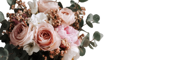 Delicate bouquet of blush pink roses, peonies, and greenery