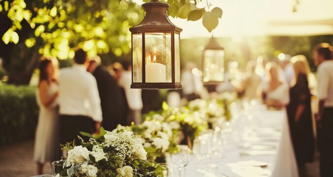Romantic and Elegant Outdoor Wedding Reception with Hanging Lantern guests celebrating at a beautiful