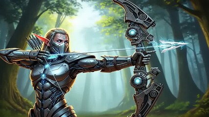 Futuristic archer in a forest, poised to shoot an energy arrow, surrounded by lush greenery and light - Powered by Adobe